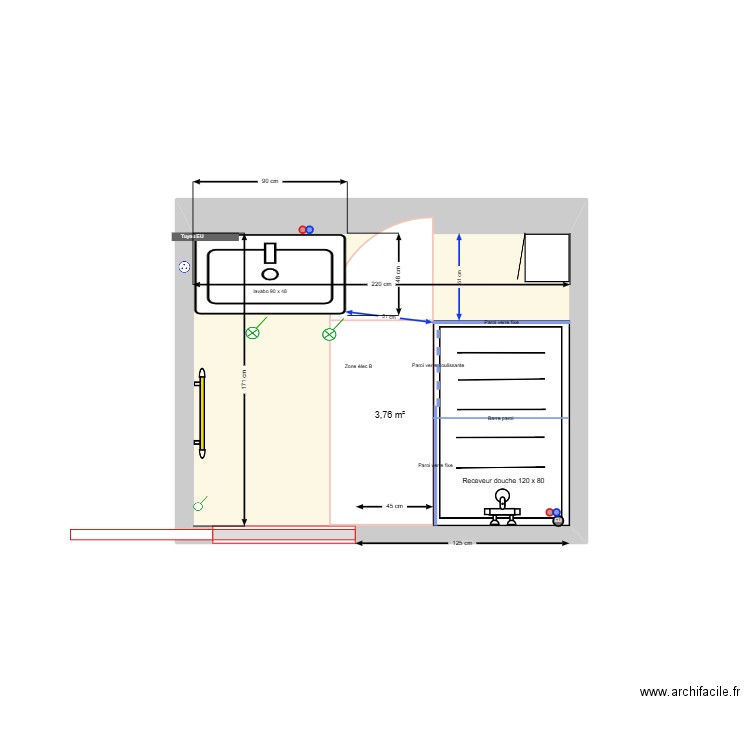 SDB Rossan_V120x80 à droite V2. Plan de 1 pièce et 4 m2