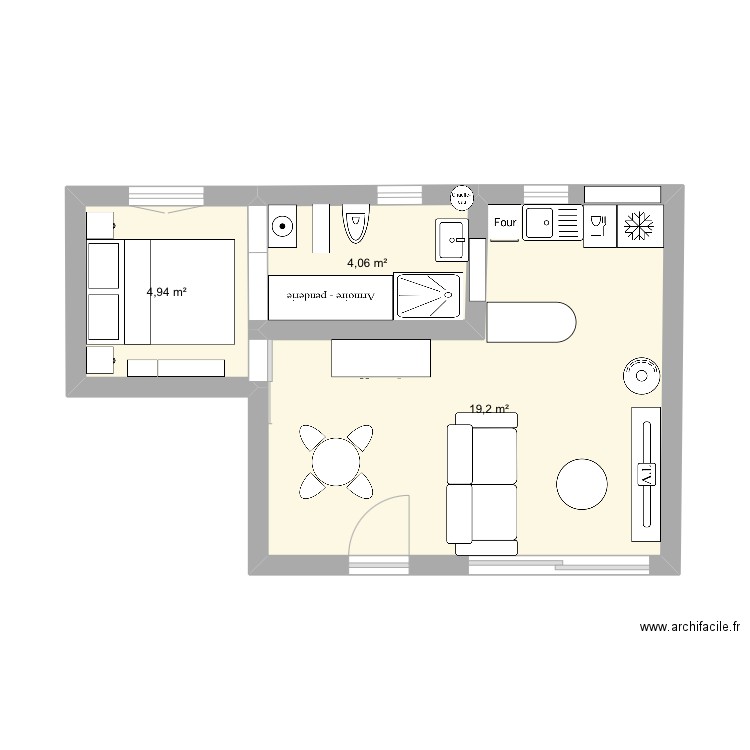 Mine. Plan de 3 pièces et 28 m2