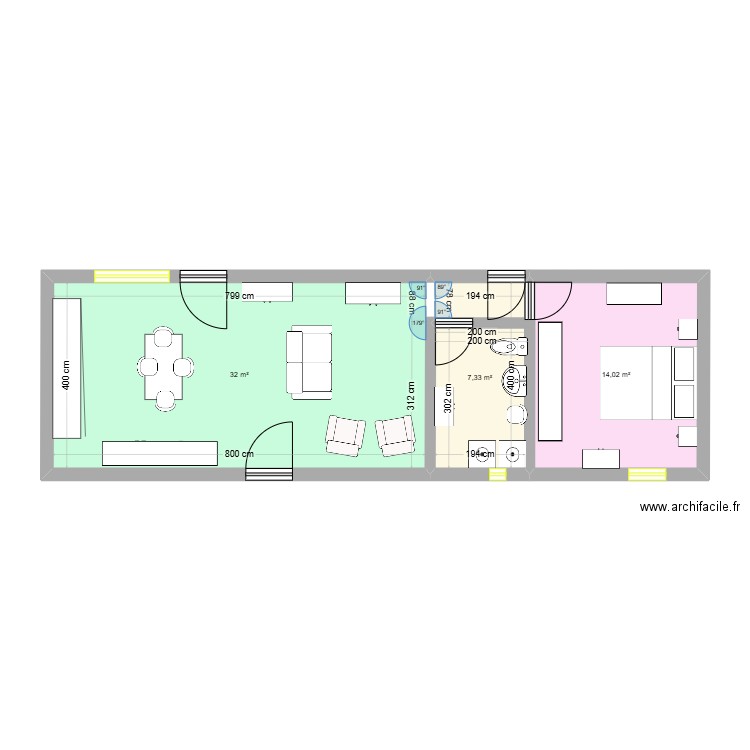 Maman & Papa. Plan de 3 pièces et 46 m2