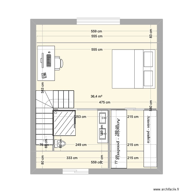 Comble plan N°1. Plan de 1 pièce et 36 m2