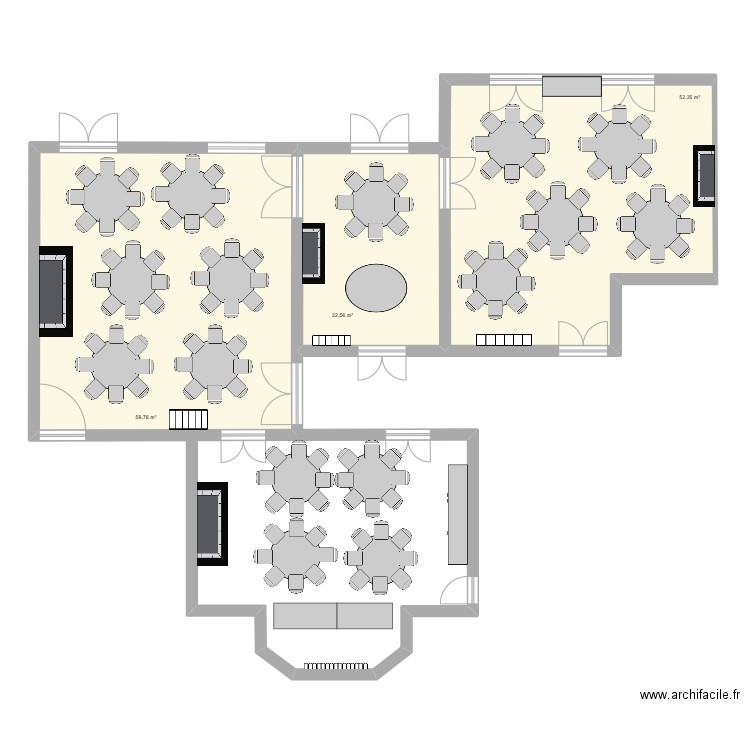 RDC Château Tables Rondes. Plan de 3 pièces et 135 m2