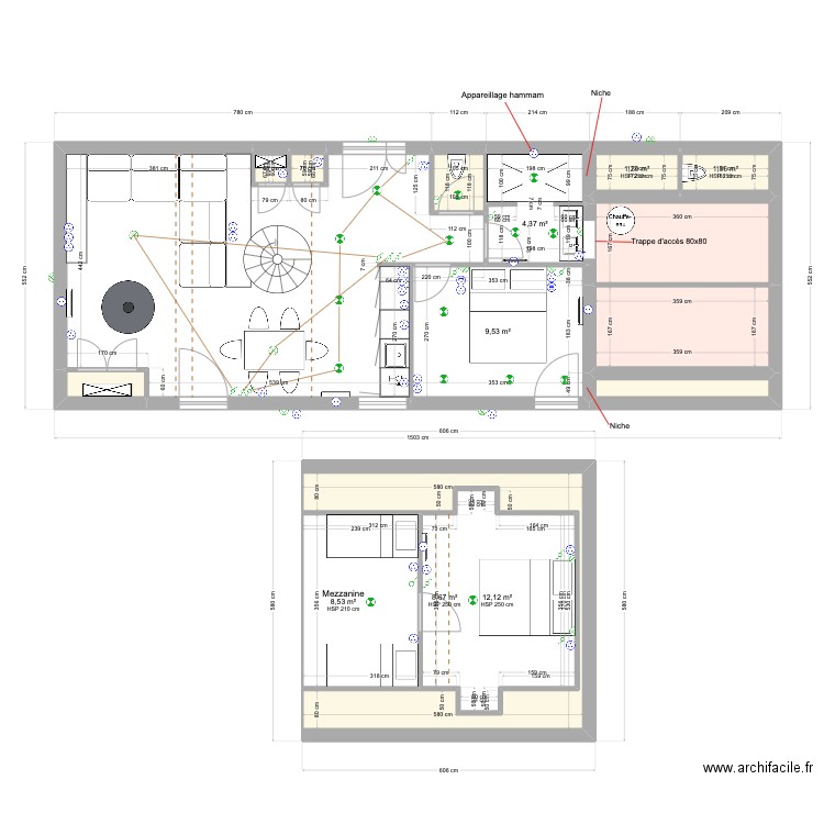 Plan gîte Grand Caugy. Plan de 15 pièces et 98 m2