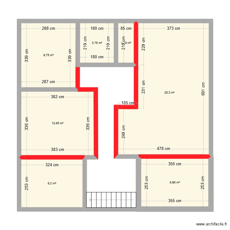 1er étage mur modifié. Plan de 7 pièces et 74 m2