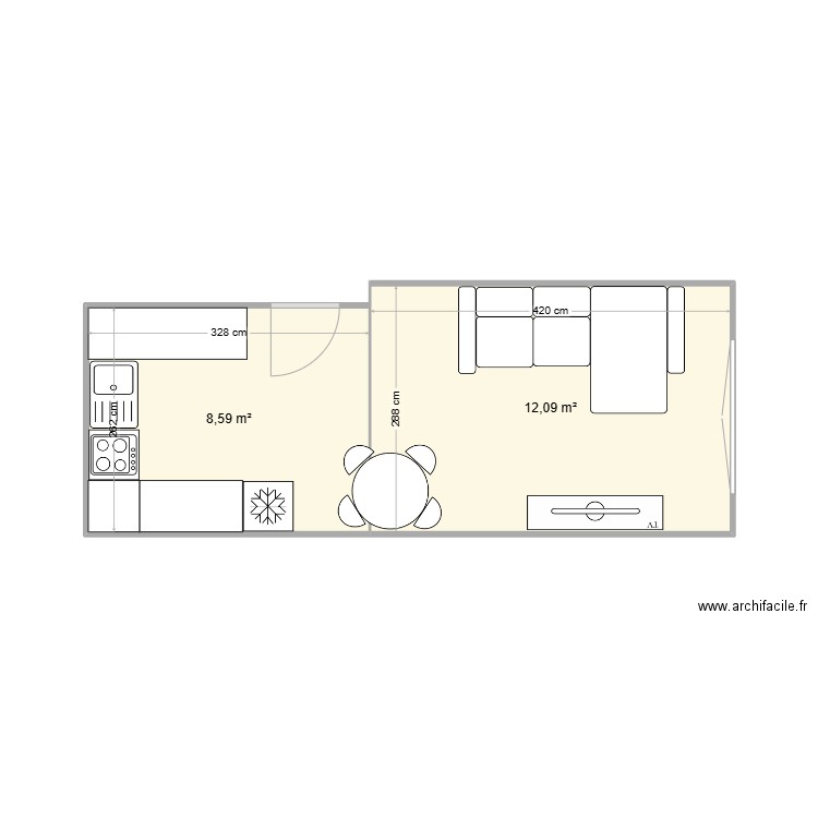 Cuisine. Plan de 2 pièces et 21 m2