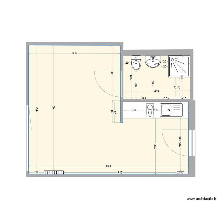 studio plan. Plan de 2 pièces et 26 m2