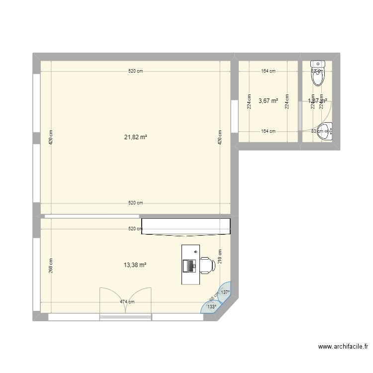 sci bleu marine. Plan de 4 pièces et 41 m2