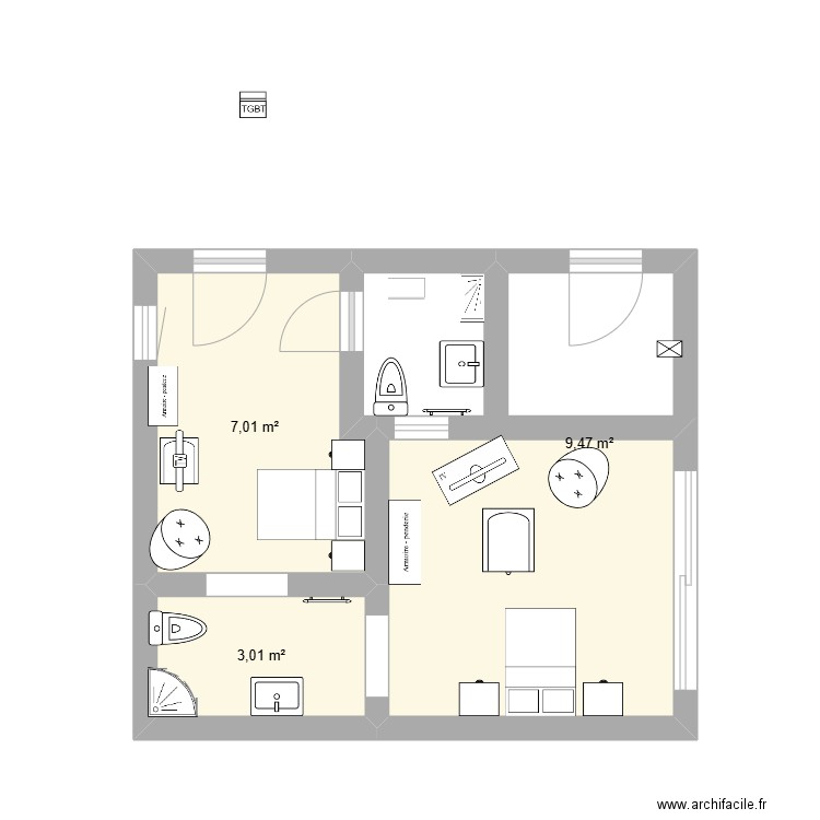 chambre. Plan de 3 pièces et 19 m2