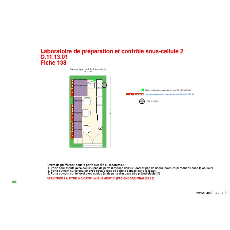 Fiche 138-labo preparation et contrôle des échantillons sous cellule 2 contrôle V 5 fevrier 2025. Plan de 1 pièce et 9 m2