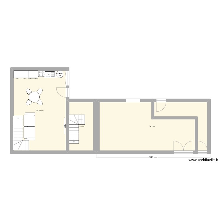 RDC basilique. Plan de 3 pièces et 71 m2