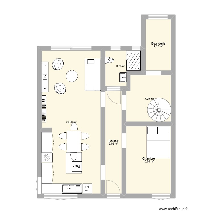 Peu de travaux. Plan de 6 pièces et 61 m2