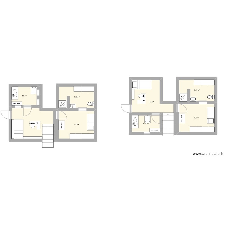 Mezzanine. Plan de 8 pièces et 66 m2