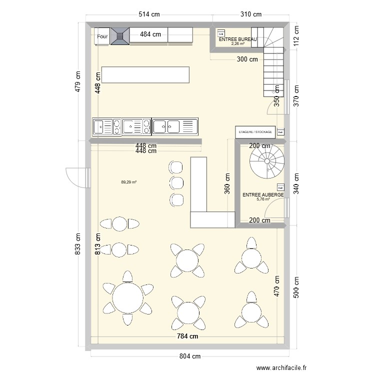 RDC AUBERGE . Plan de 3 pièces et 97 m2