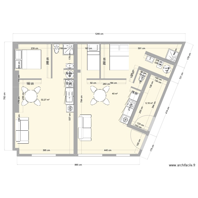 Moissons RDC 2studios. Plan de 3 pièces et 77 m2