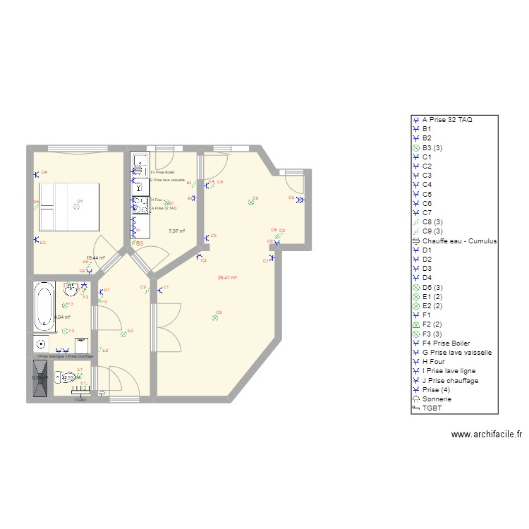 Darieu app Uccle. Plan de 6 pièces et 61 m2