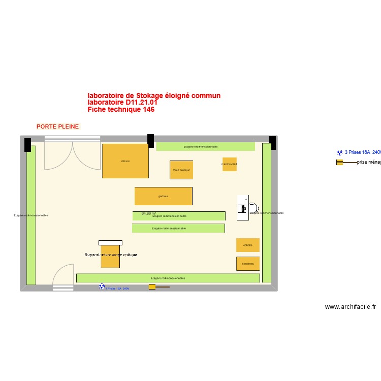 Fiche 146_laboratoire stockage éloigné v5 version avec matériel manutention. Plan de 1 pièce et 65 m2