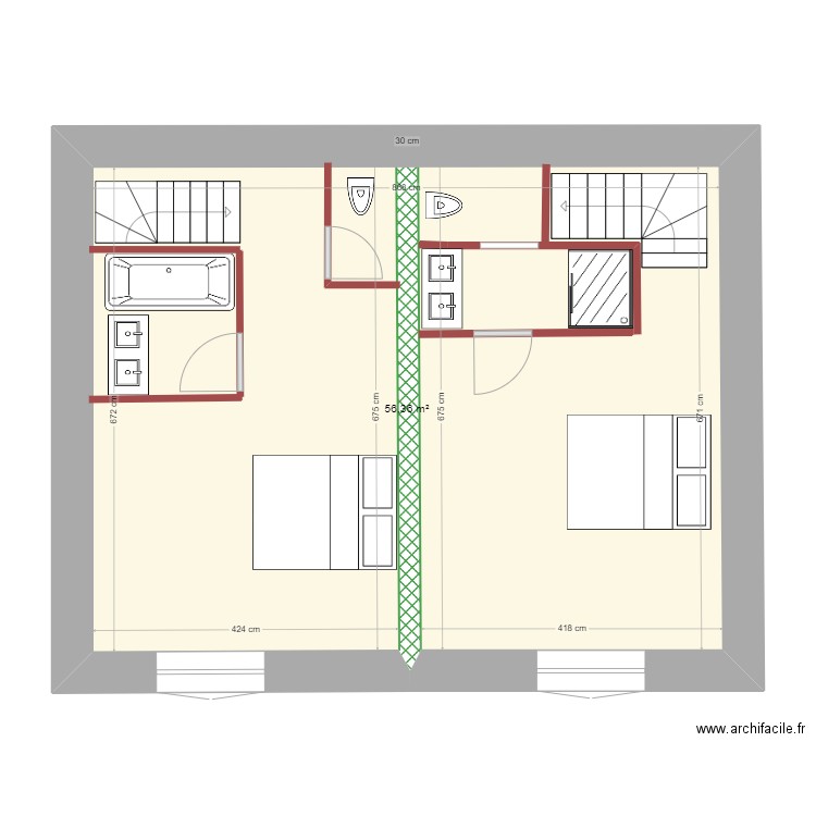 Plan étage avec escalier à l'entrée du living. Plan de 1 pièce et 56 m2