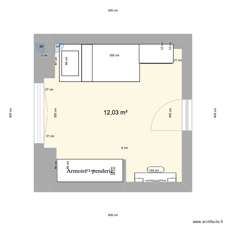 Chambre Melina. Plan de 1 pièce et 12 m2