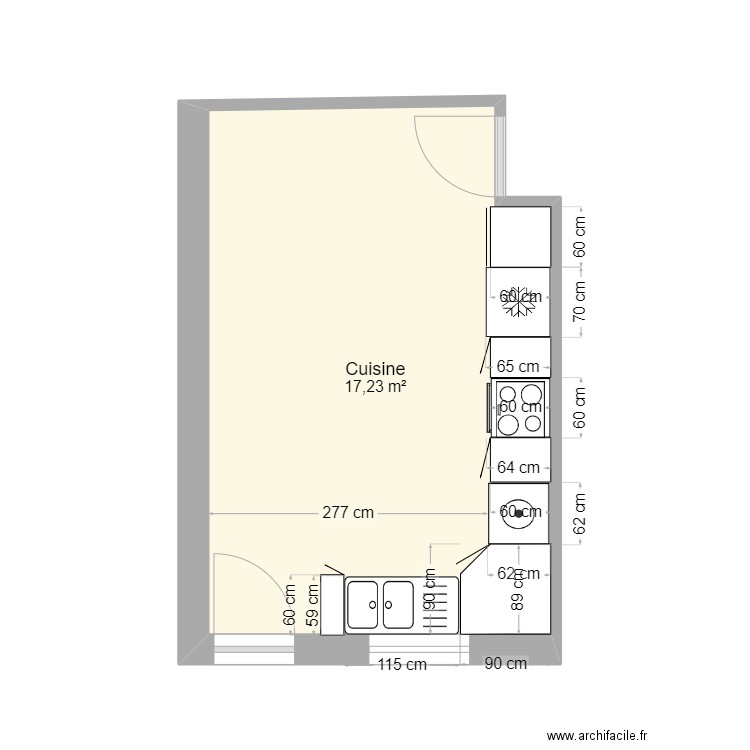 cuisine . Plan de 1 pièce et 17 m2