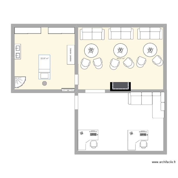 travail. Plan de 2 pièces et 55 m2