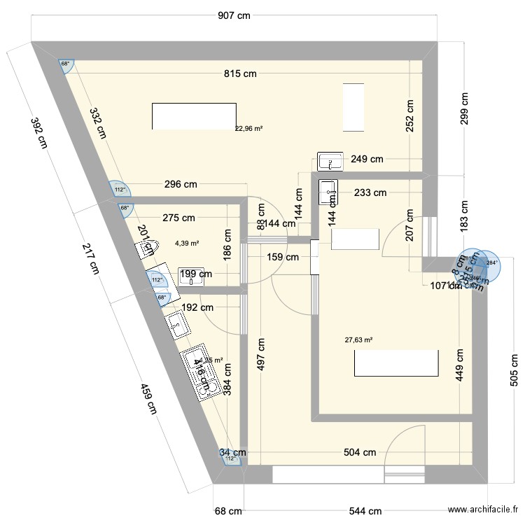 local. Plan de 4 pièces et 59 m2