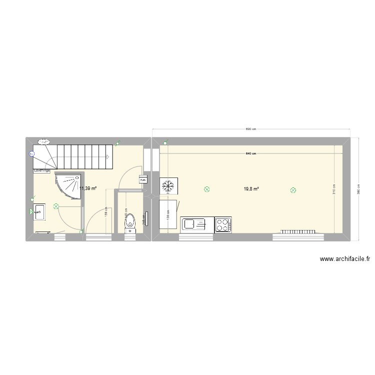 17 projet cuisine bis. Plan de 2 pièces et 31 m2