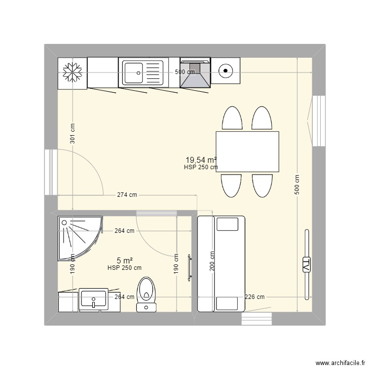 3.0 5*5. Plan de 2 pièces et 25 m2