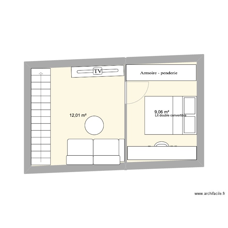 R+1. Plan de 2 pièces et 21 m2