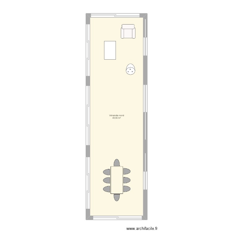 Véranda Nord . Plan de 1 pièce et 46 m2