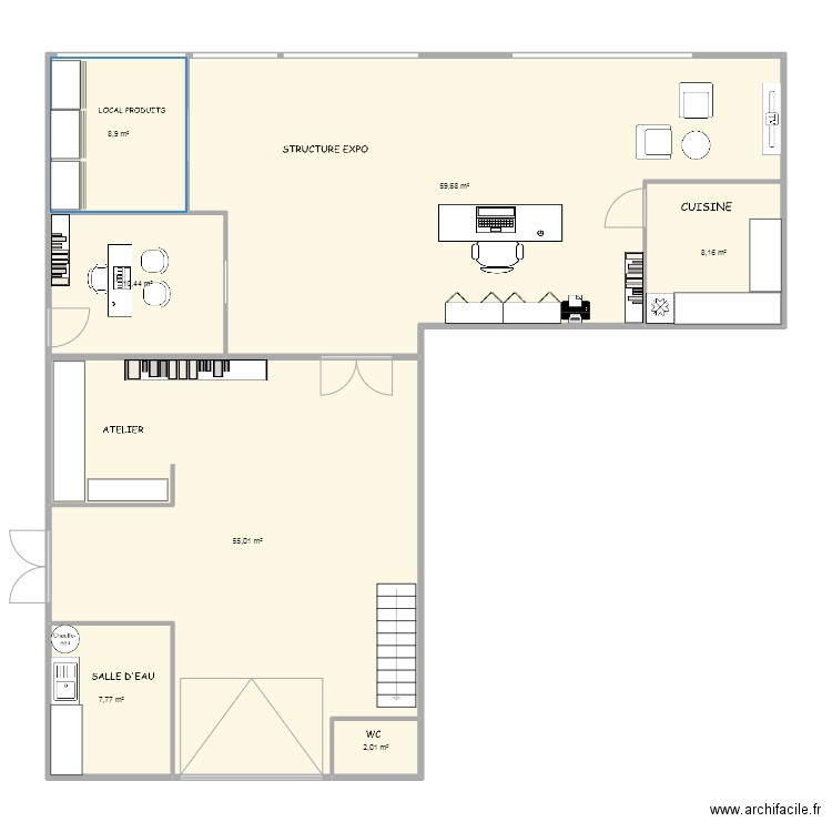 magasin piscine. Plan de 7 pièces et 152 m2