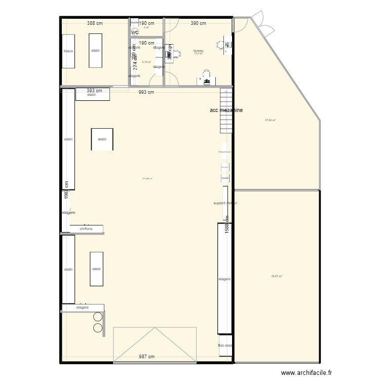 amenagement hangar plf. Plan de 6 pièces et 281 m2