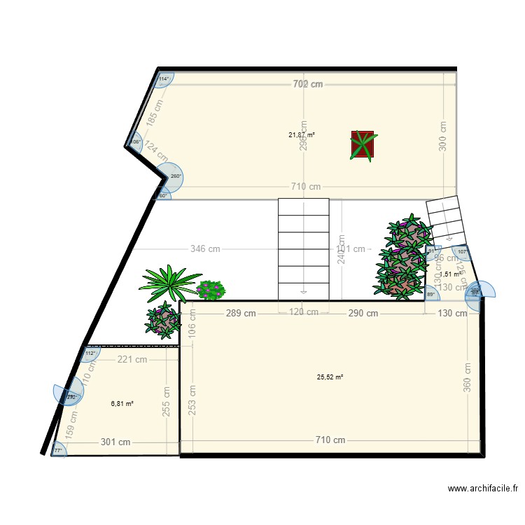 terrasses et jardin sud. Plan de 4 pièces et 56 m2