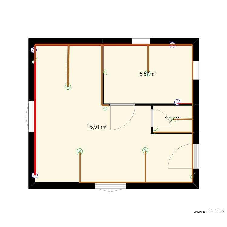 électricité. Plan de 3 pièces et 23 m2