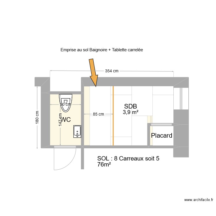 70 Joinville Calepinage Sol RDC. Plan de 3 pièces et 6 m2