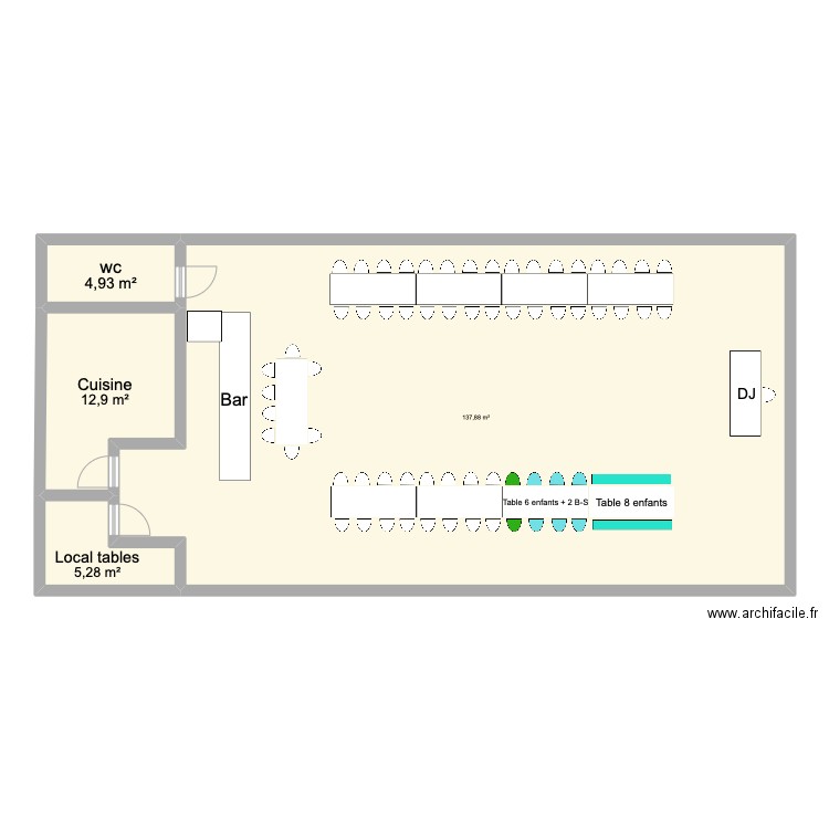 Salle de réception. Plan de 4 pièces et 161 m2