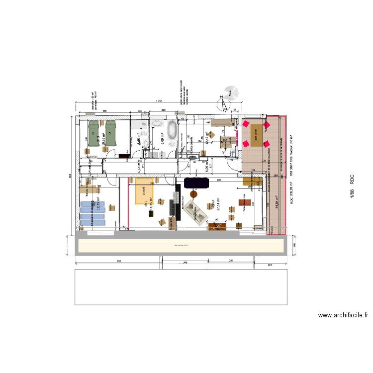 plan façade. Plan de 1 pièce et 17 m2