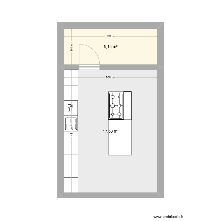 cuisine. Plan de 2 pièces et 23 m2