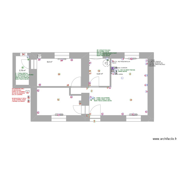 ELECTRICITE . Plan de 3 pièces et 16 m2