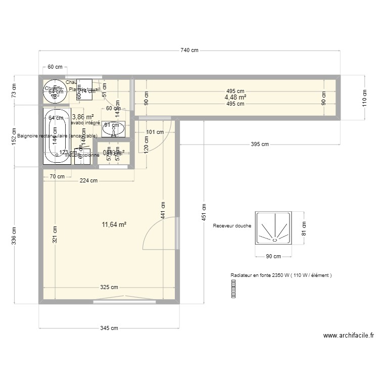 Maison Mina actuelle + baignoire. Plan de 4 pièces et 20 m2