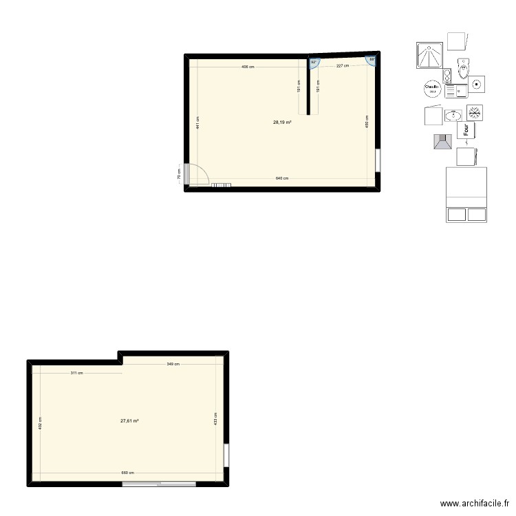 V1 change. Plan de 2 pièces et 56 m2