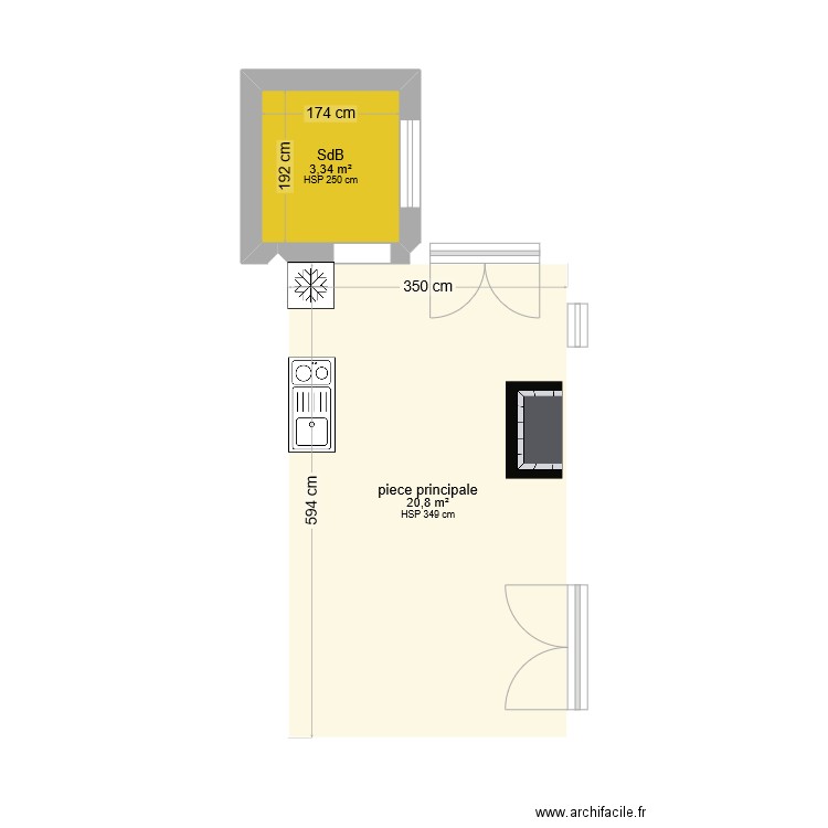 Loge. Plan de 2 pièces et 24 m2