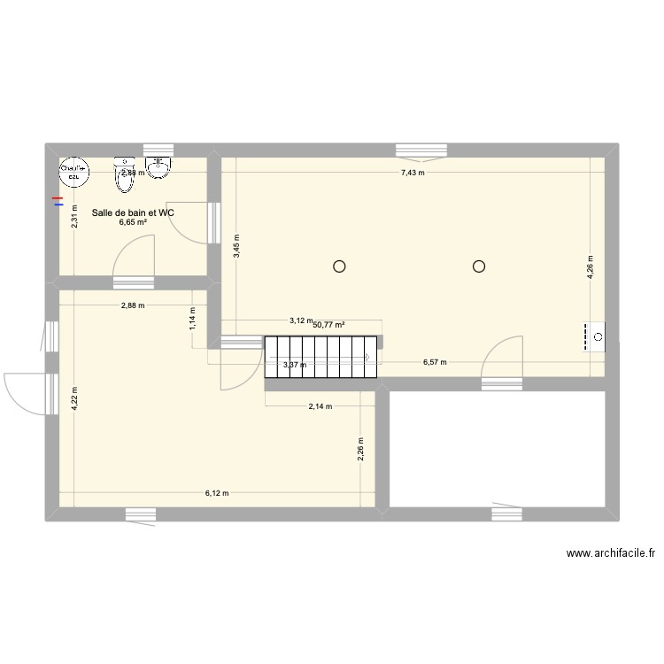 55 mars sous-sol. Plan de 2 pièces et 57 m2