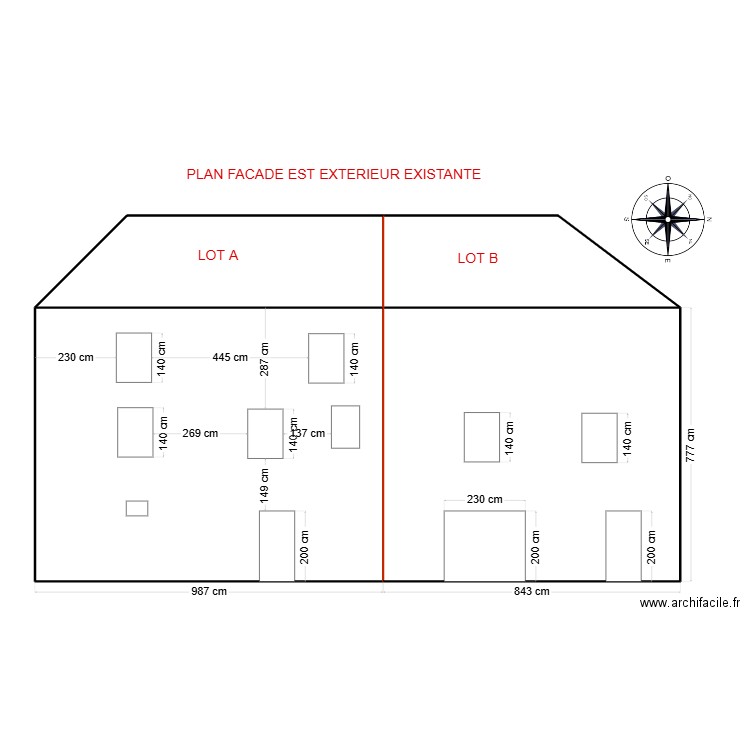 PLAN FACADE EST EXTERIEUR EXISTANTE. Plan de 4 pièces et 181 m2