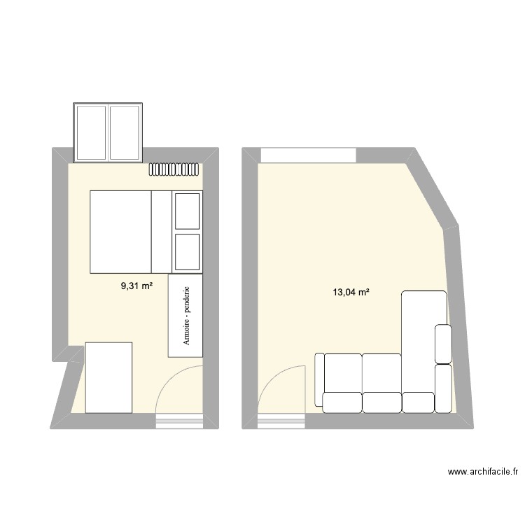 dfs. Plan de 2 pièces et 22 m2