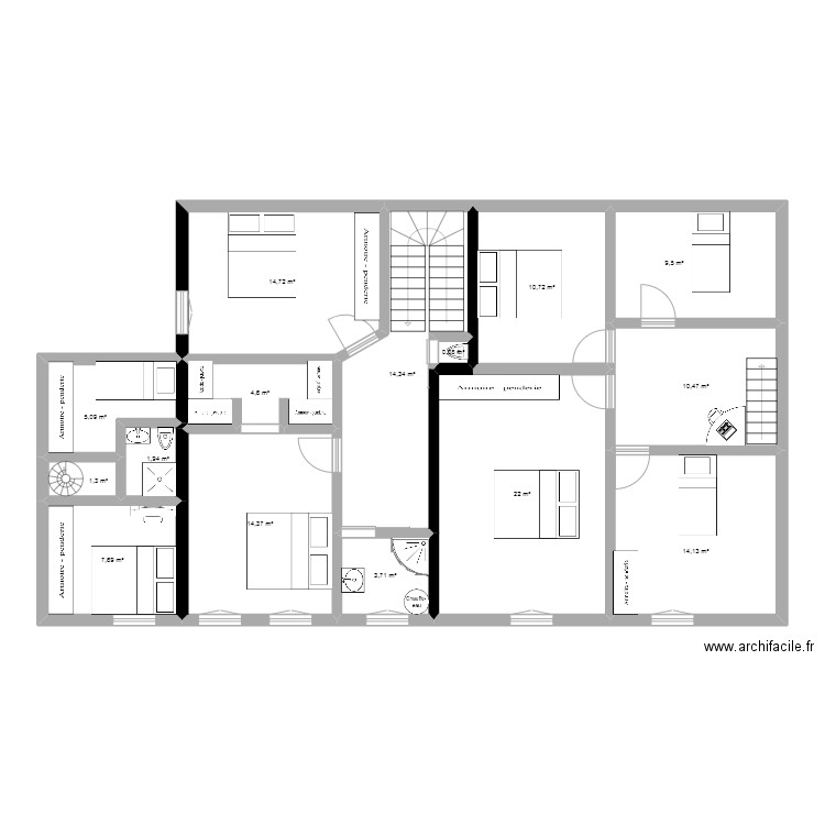 Plan complet maison (Haut). Plan de 15 pièces et 135 m2