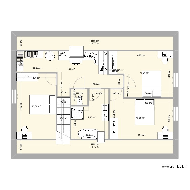 Plan maison 12x9 ETAGE. Plan de 9 pièces et 89 m2