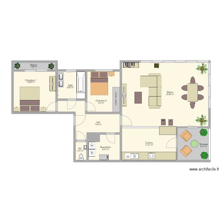 Dos Fanchons Meubles. Plan de 11 pièces et 93 m2