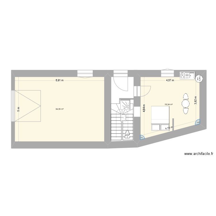 rez de chaussé. Plan de 2 pièces et 54 m2