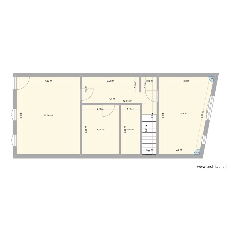 RDC actuel. Plan de 5 pièces et 67 m2