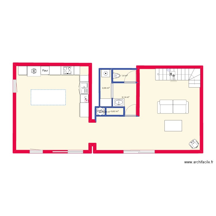 rdc. Plan de 6 pièces et 68 m2