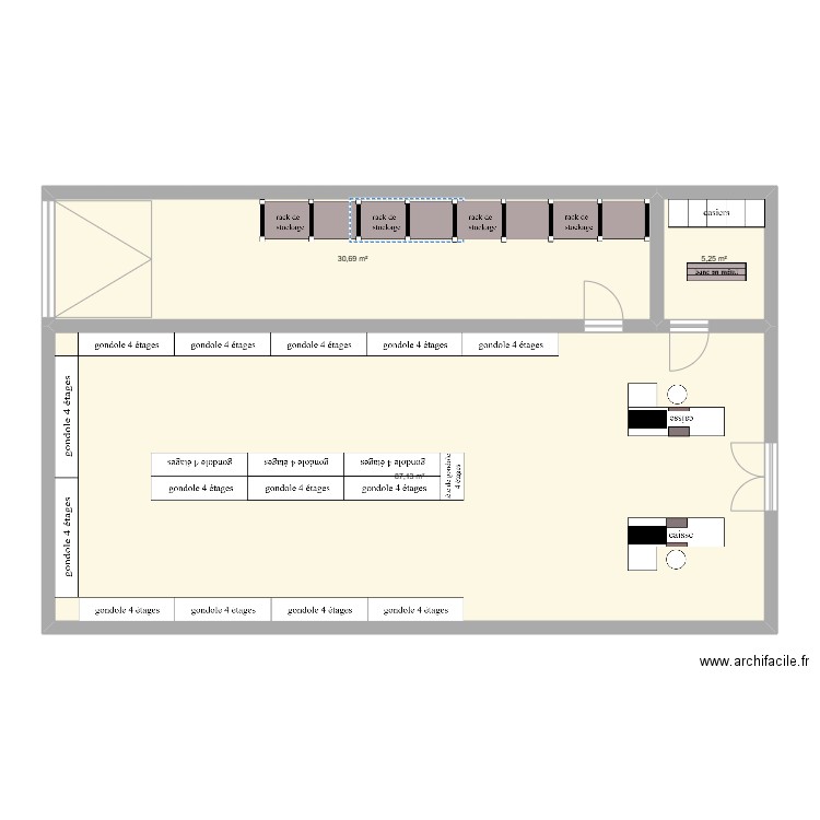 superette. Plan de 3 pièces et 123 m2